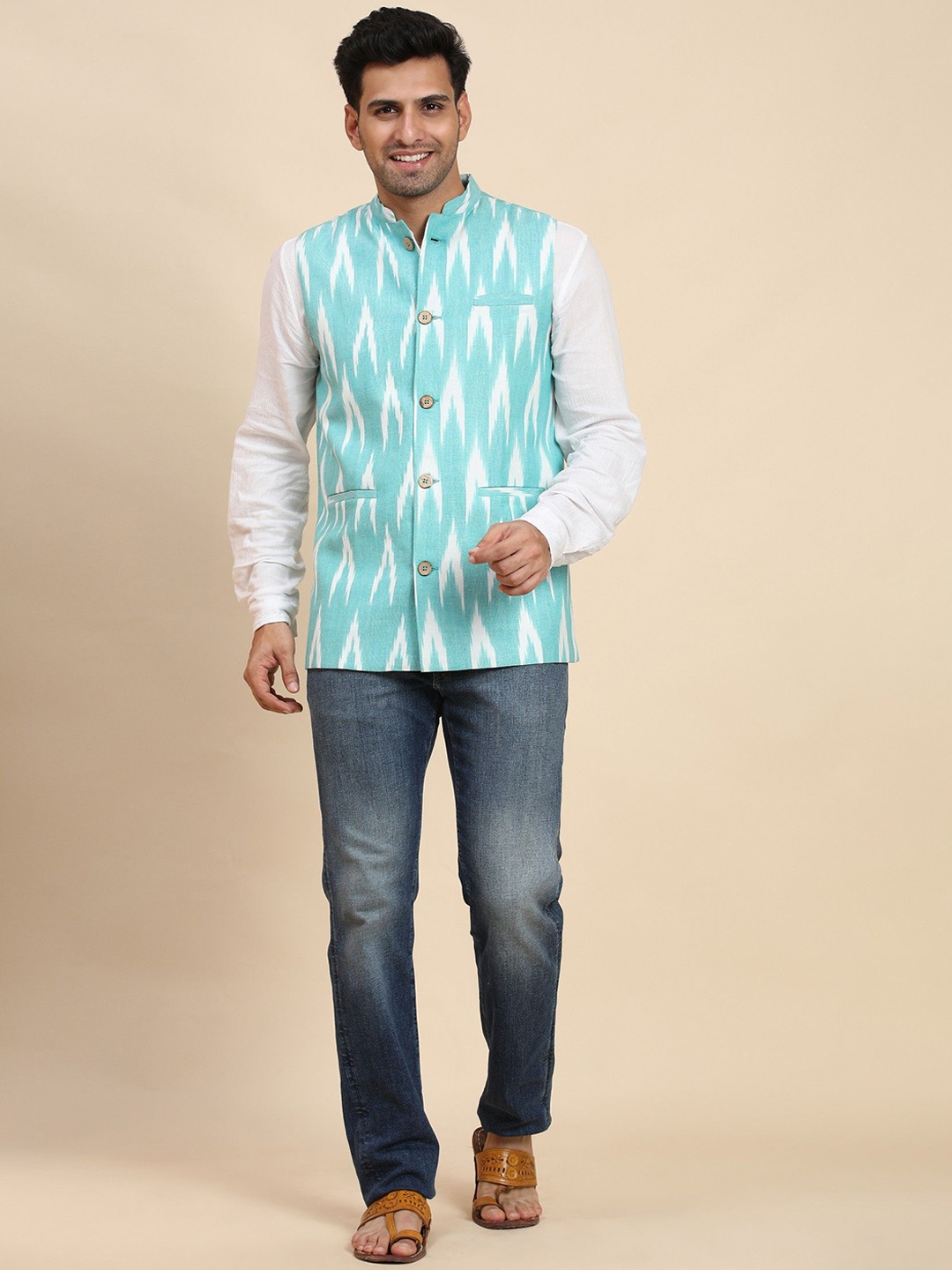 

SKAVIJ Men Printed Woven Nehru Jacket, Sea green