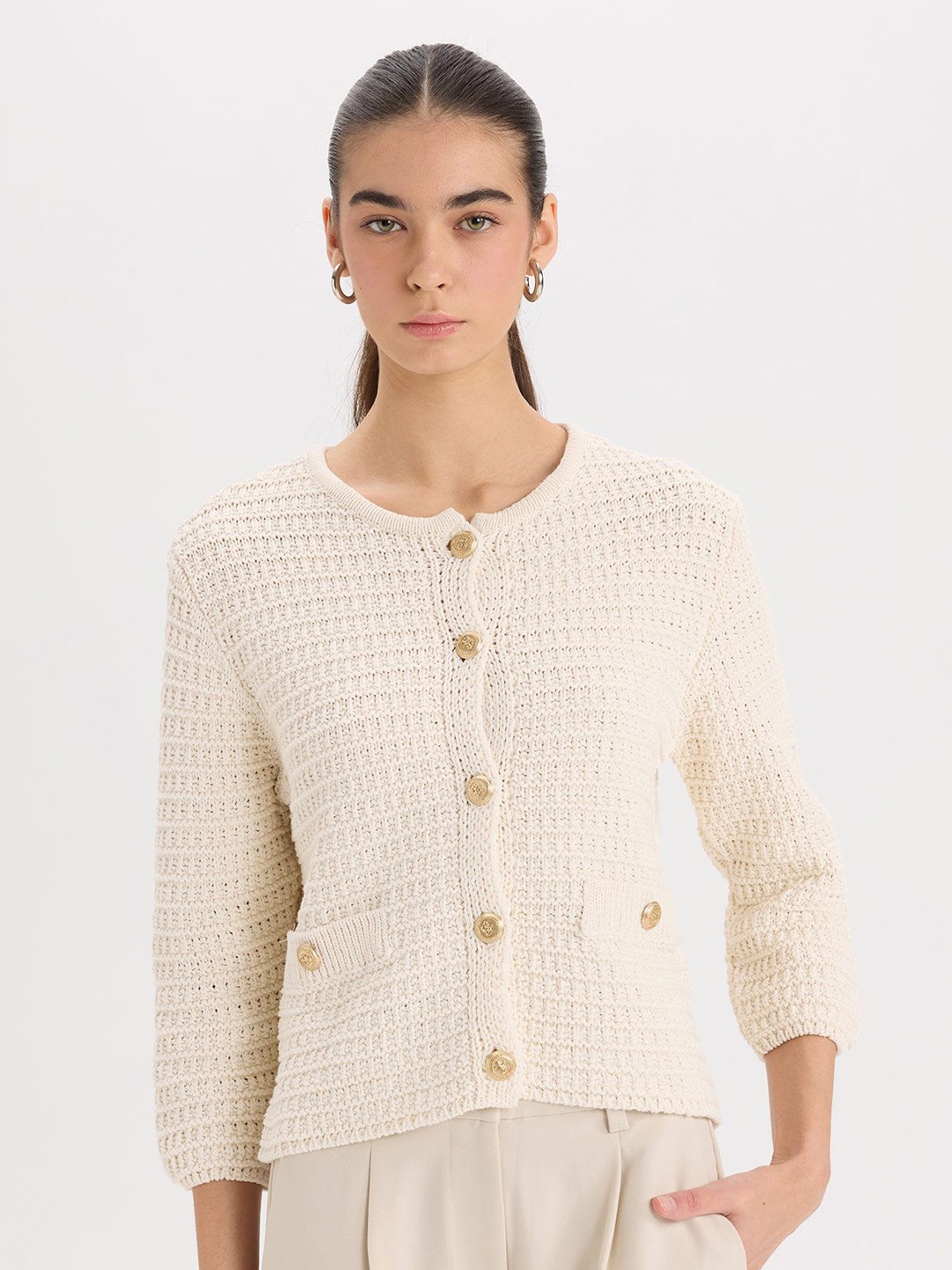 

DeFacto Women Round Neck Cardigan Sweaters, Off white