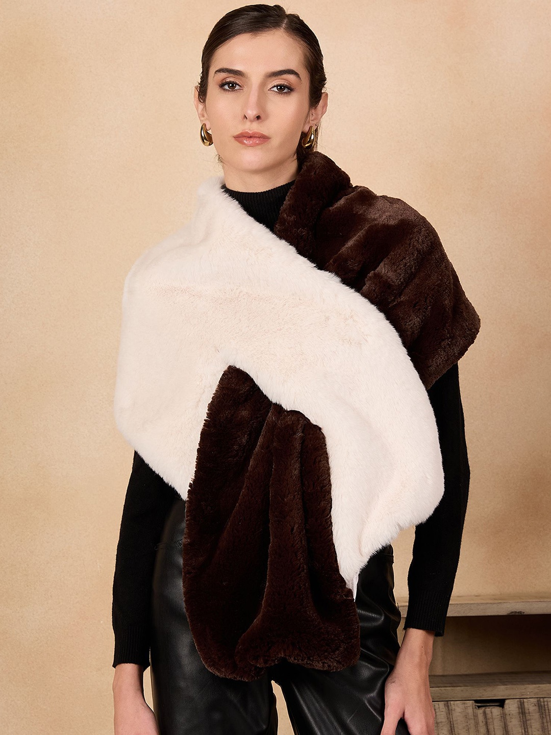 

InWeave Self Design Acrylic Winter Fur Shawl, Coffee brown