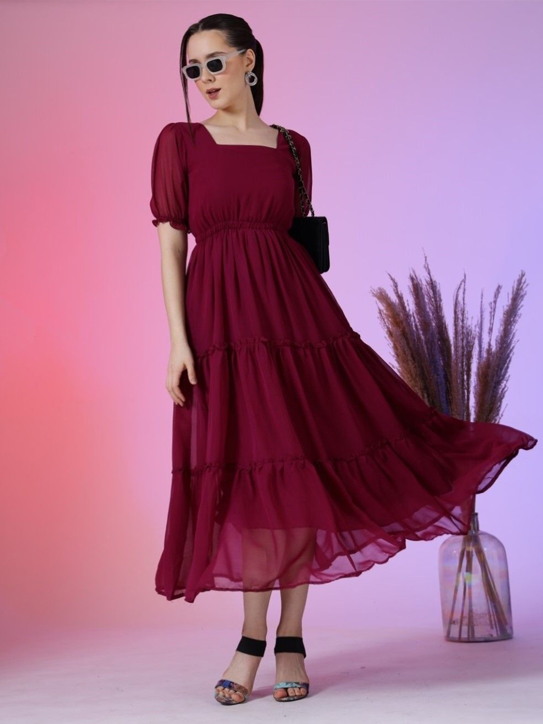 

Raiyani Enterprise Women Puff Sleeve Tiered Fit & Flare Midi Dress, Magenta