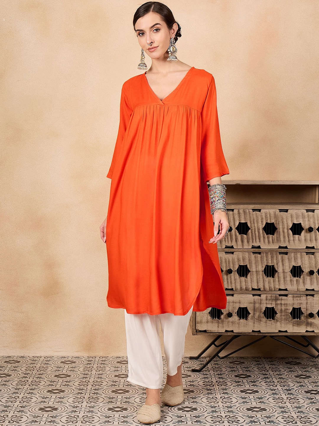 

InWeave Women Flared Sleeves Sequinned Kurta, Orange