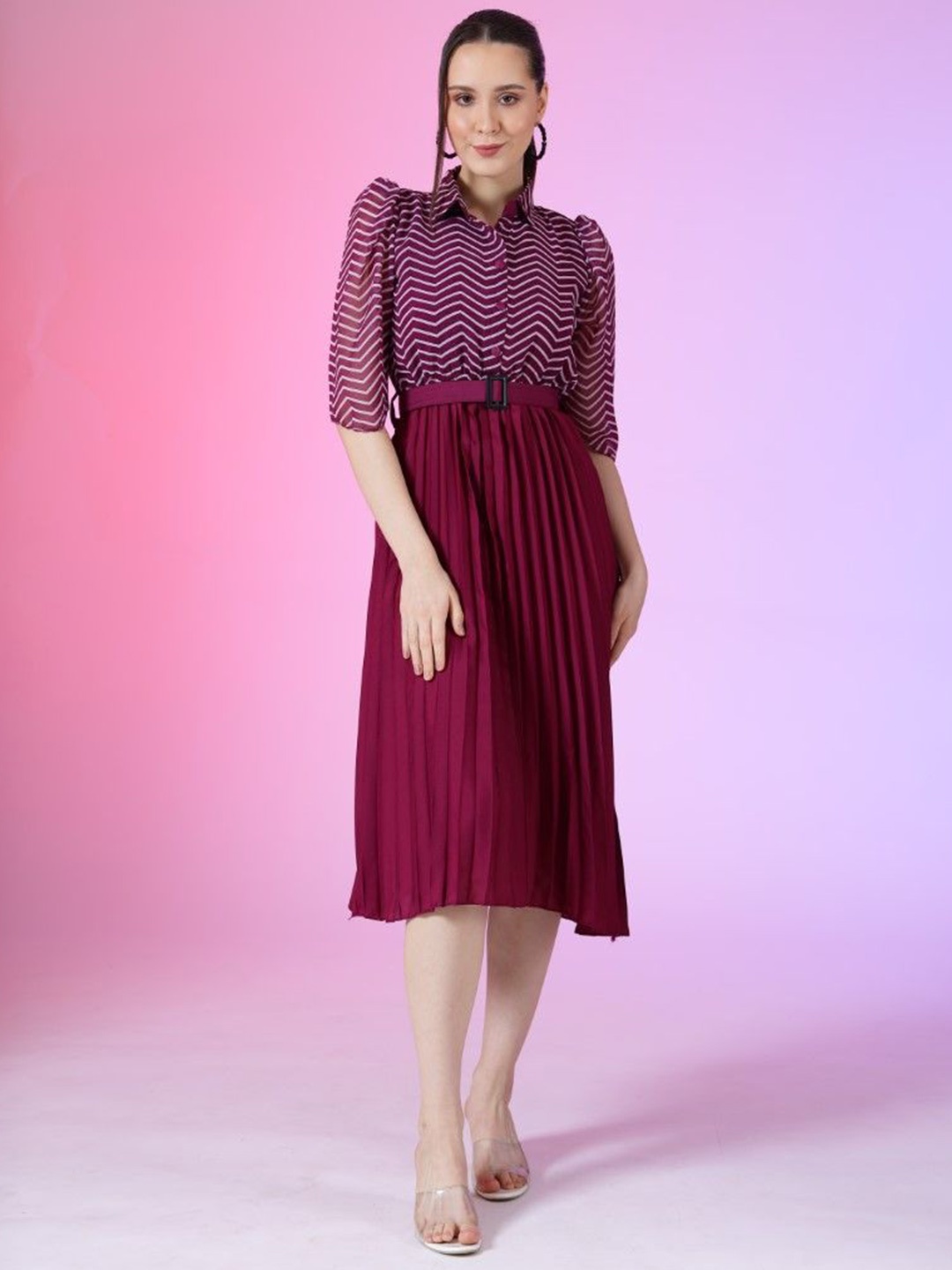 

Femvy Women Printed Shirt Collar Fit & Flare Dress, Magenta