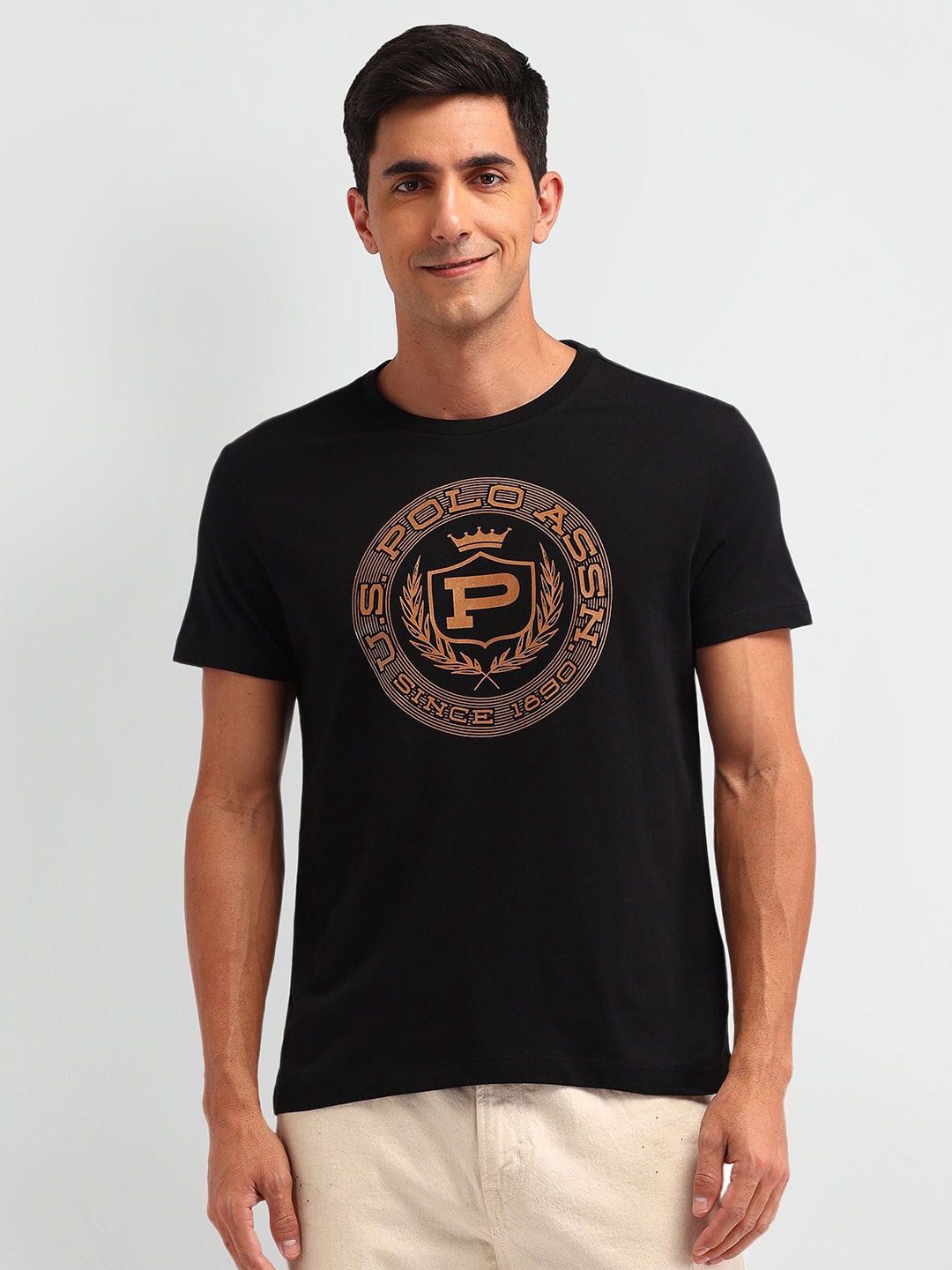 

U.S. Polo Assn. Denim Co. Men Brand Logo Printed Round Neck Cotton Slim Fit T-shirt, Black