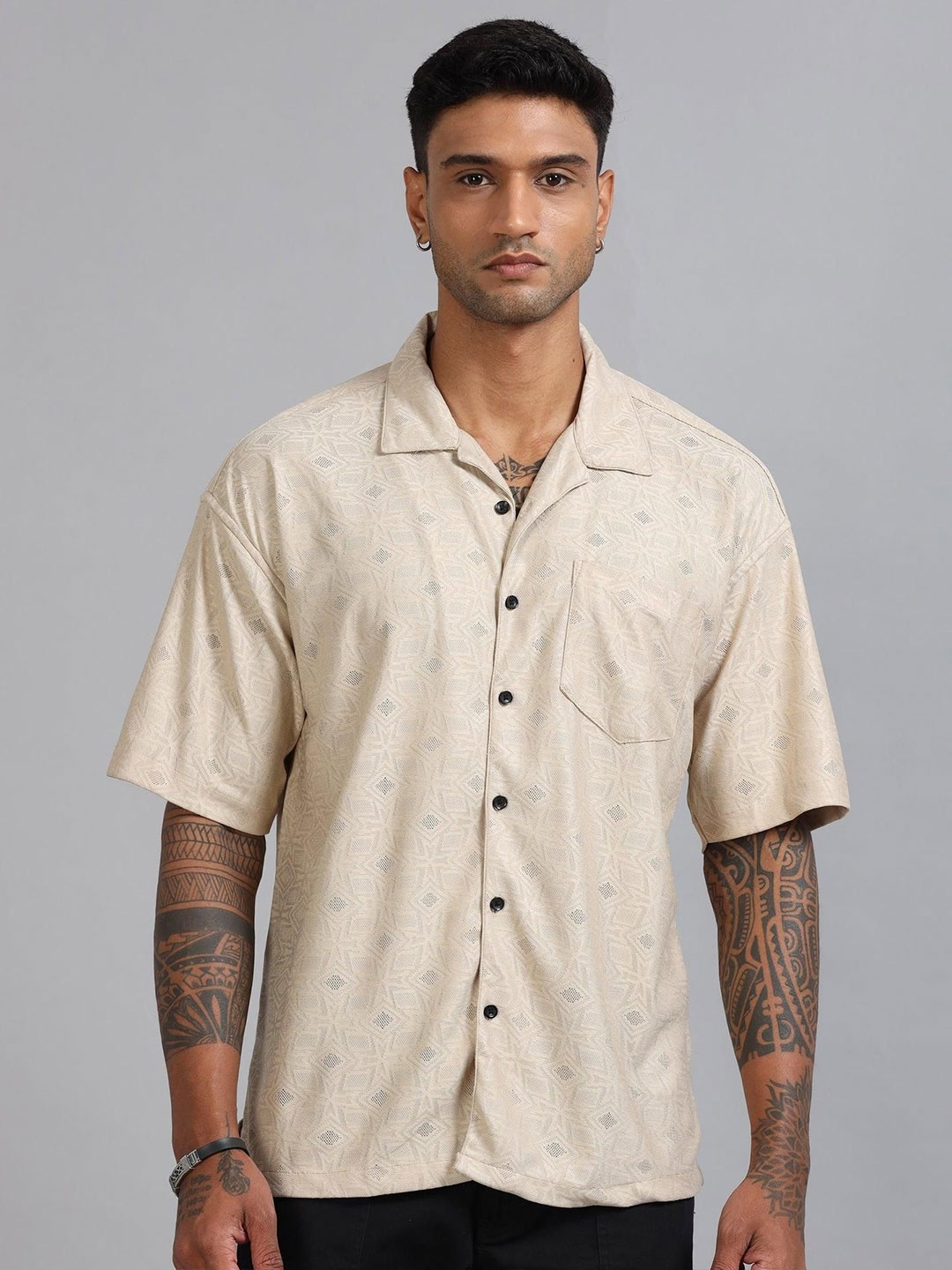 

HOUSE OF MAHNOTS Men Classic Opaque Printed Casual Shirt, Beige