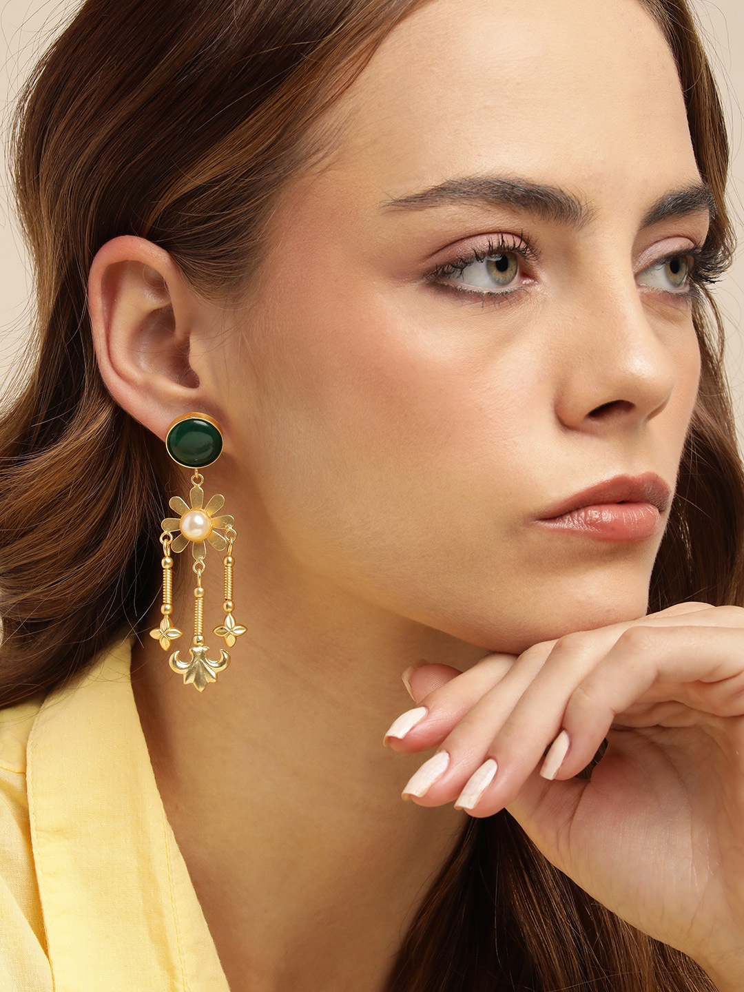 

Anouk Gold Plated Beaded Floral Chandelier Drop Earrings, Green