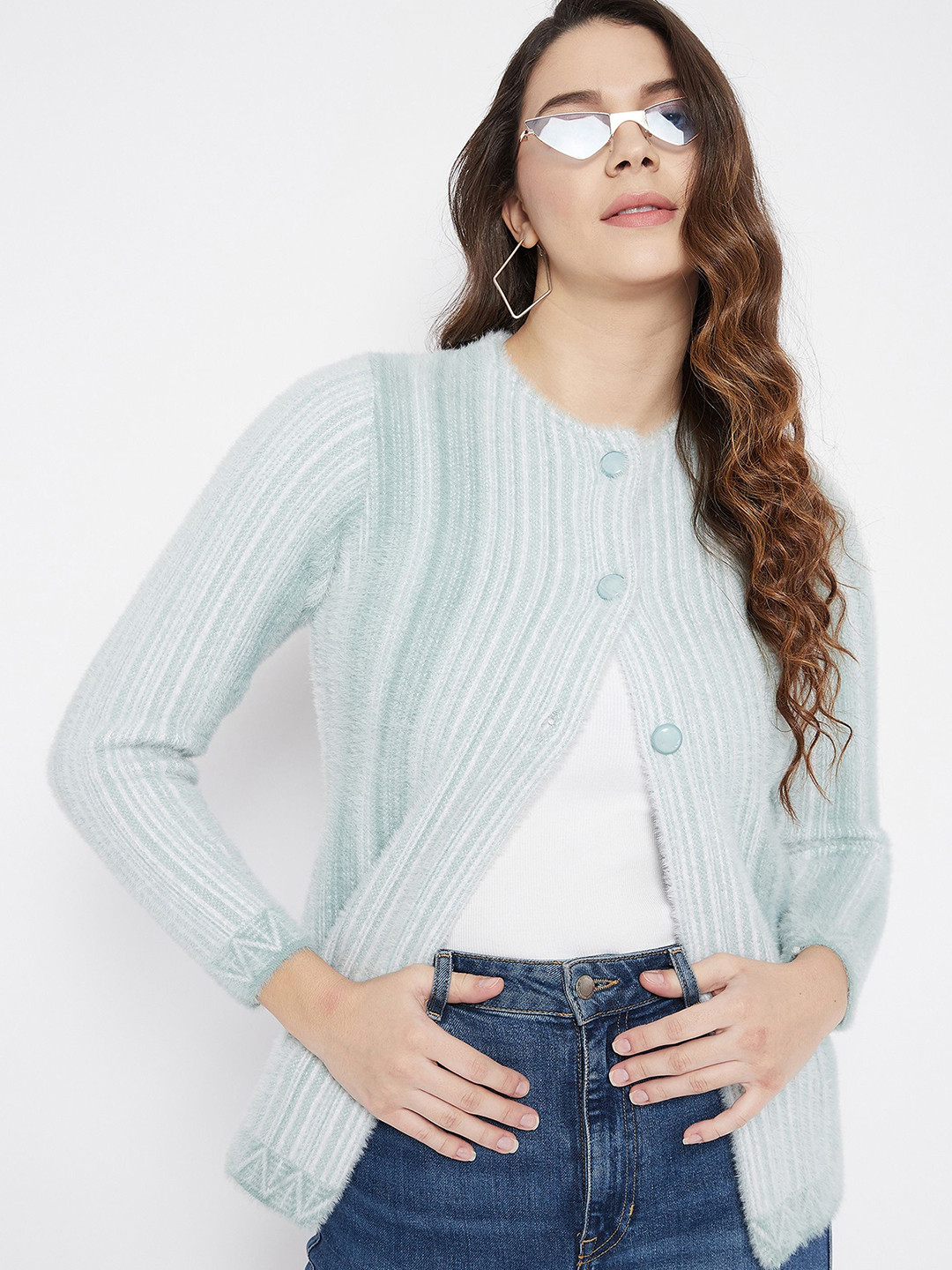 

Zigo Women Striped Round Neck Front-Open Sweater, Blue