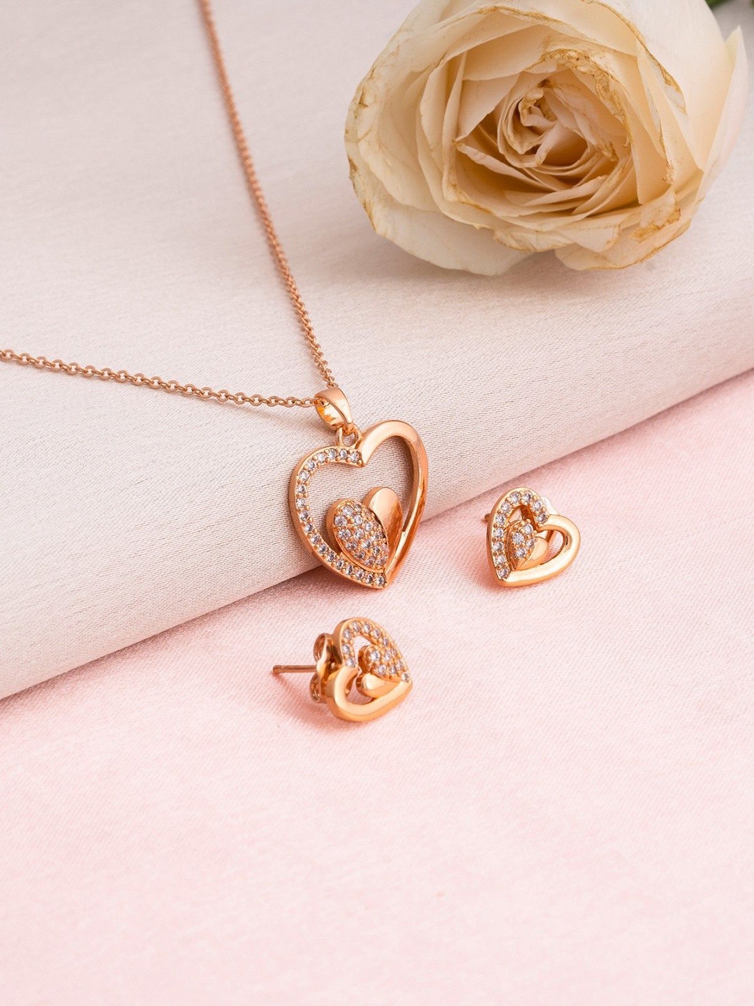 

Avyana Rose Gold Plated Heart Shaped Cubic Zirconia Stone Studded Jewellery Set