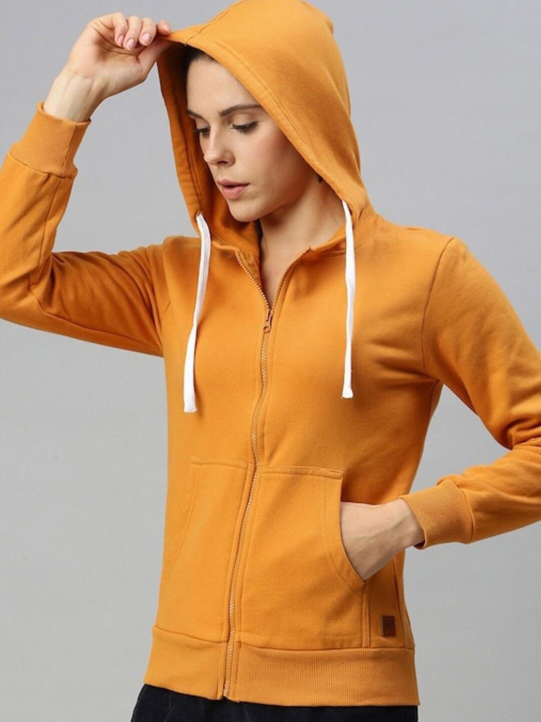 

Campus Sutra Women Cotton Front-Open Hooded Sweatshirt, Yellow