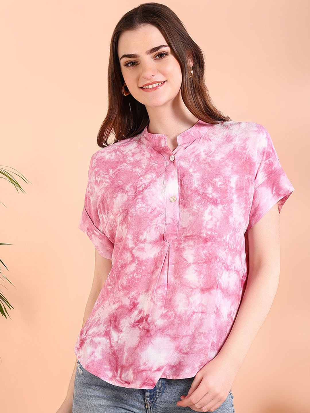 

Maaesa Women Tie and Dye Mandarin Collar Top, Peach