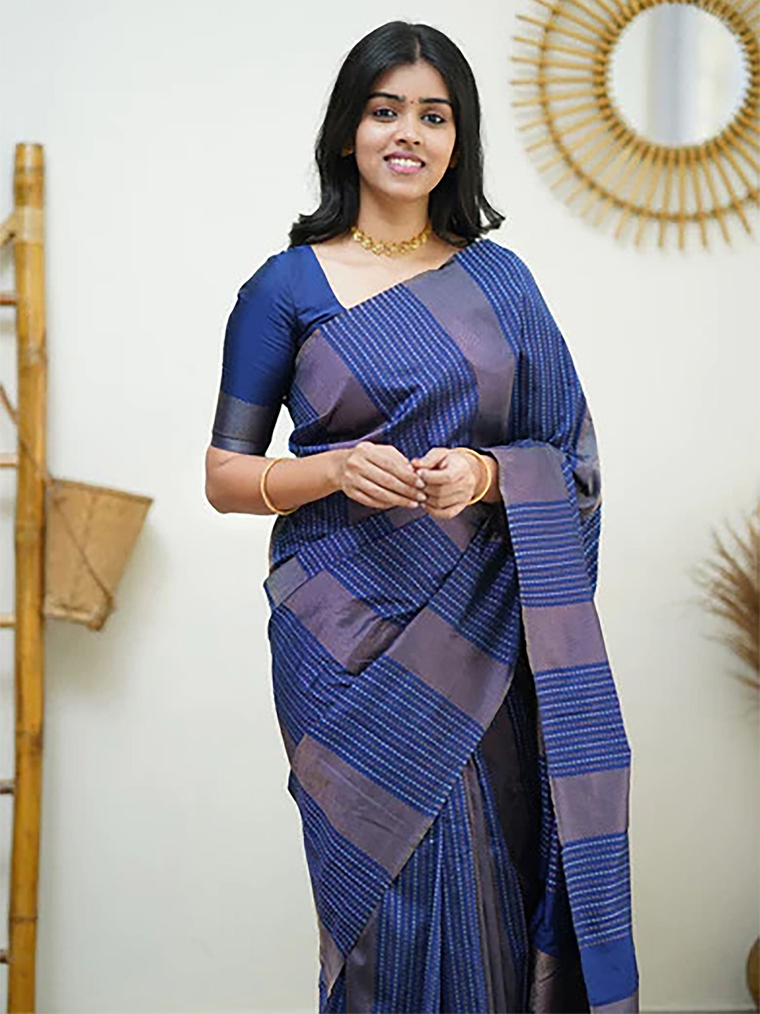 

Anouk Striped Woven Design Designer Banarasi Saree, Navy blue