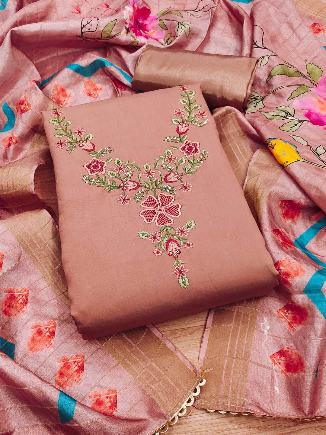 

KALINI Embroidered Unstitched Dress Material, Peach