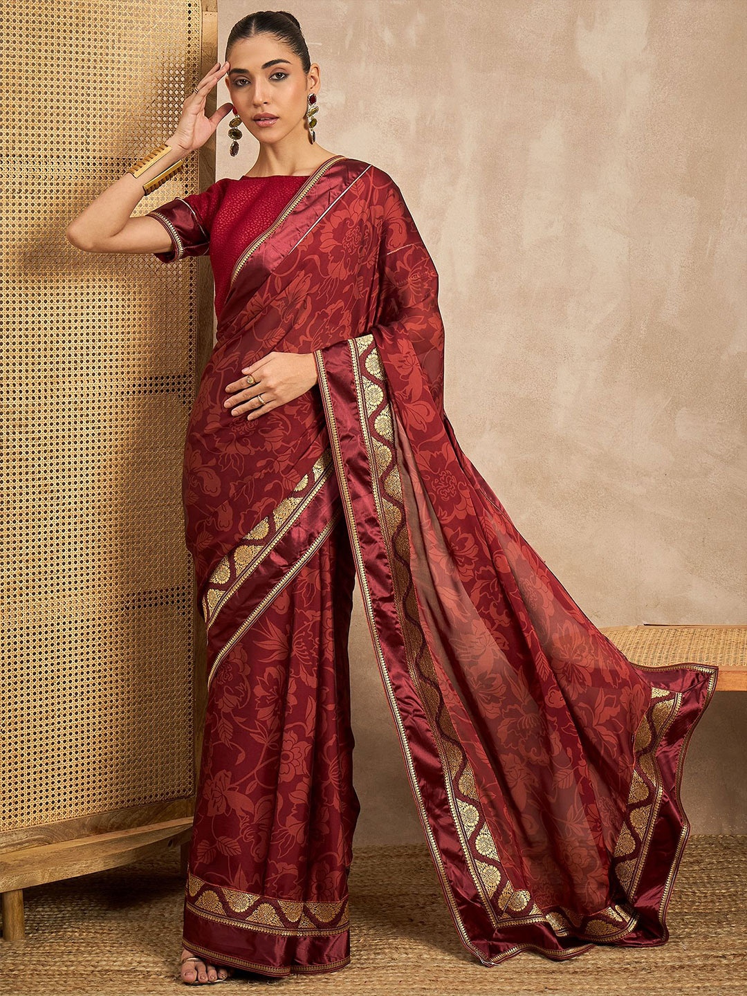 

all about you Floral Woven Design Patchwork Saree, Maroon