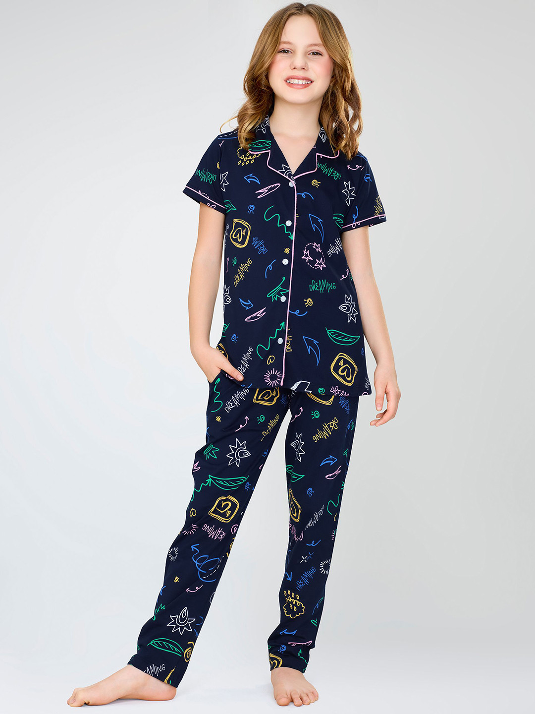 

Zeyo Girls Pure Cotton Graphic Printed Night suit, Blue