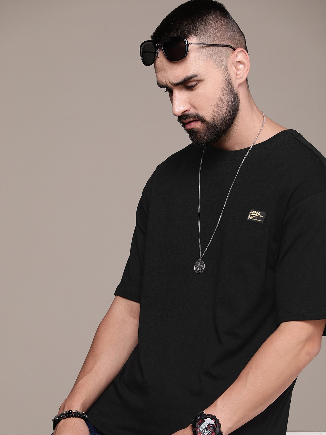 

The Roadster Life Co. Drop-Shoulder Sleeves Relaxed Fit Pure Cotton T-shirt, Black