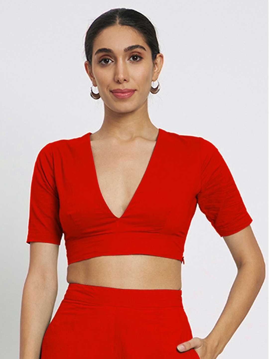 

Thevasa Women Solid Non - Padded V-Neck Saree Blouse, Red