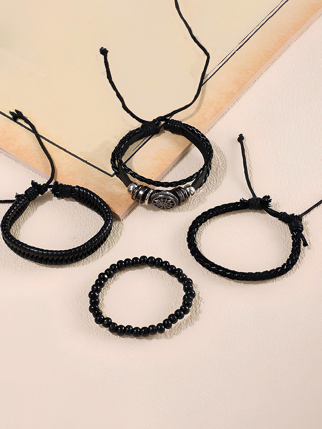 

Jewels Galaxy Men 4 Leather Handcrafted Silver-Plated Wraparound Bracelet, Black