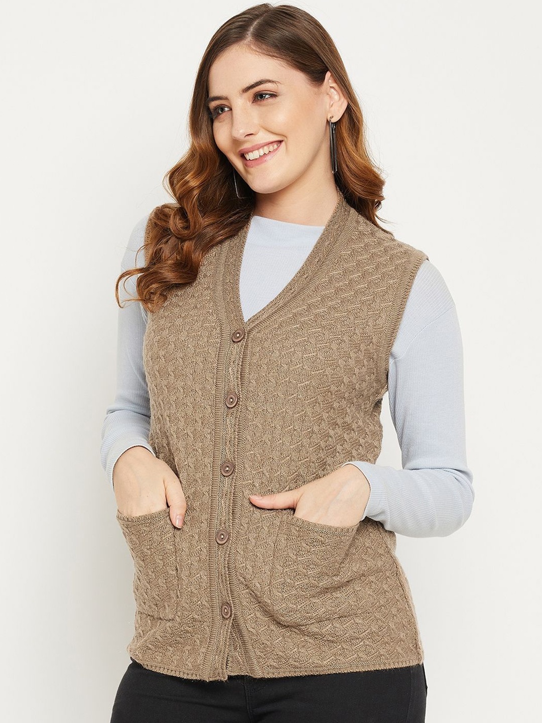 

Zigo Women V-Neck Cable Knit Woollen Cardigan, Beige