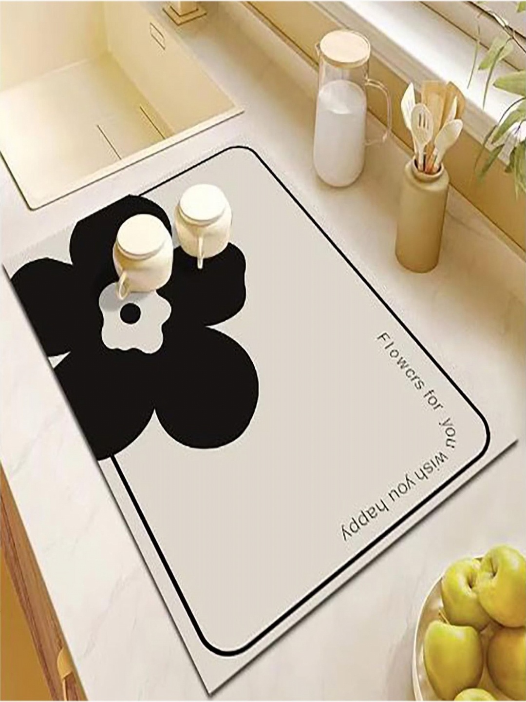 

HOUSE OF QUIRK Beige & Black Printed Rectagular Kitchen Dish Drying Mat