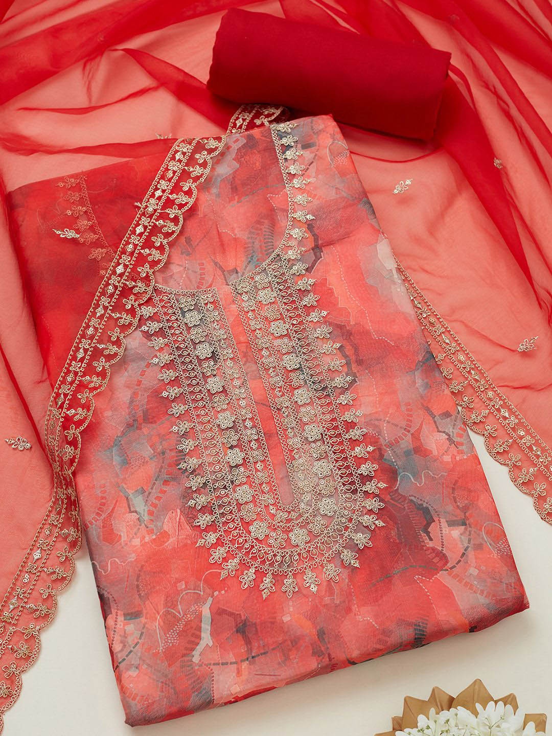 

Soch Printed Organza Unstitched Dress Material, Rust