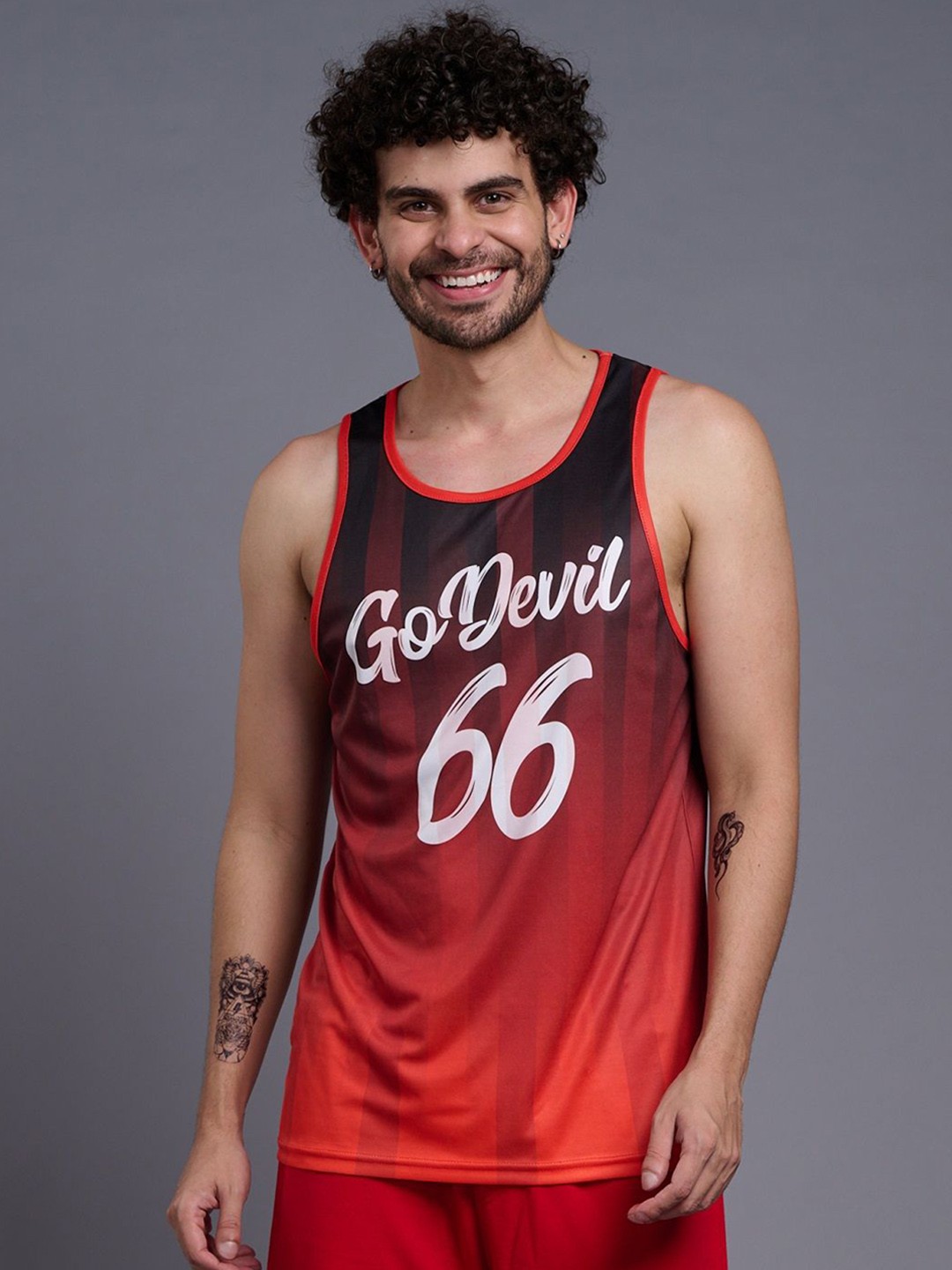 

GO DEVIL Printed Round Neck Sleeveless Cotton Innerwear Gym Vest, Red