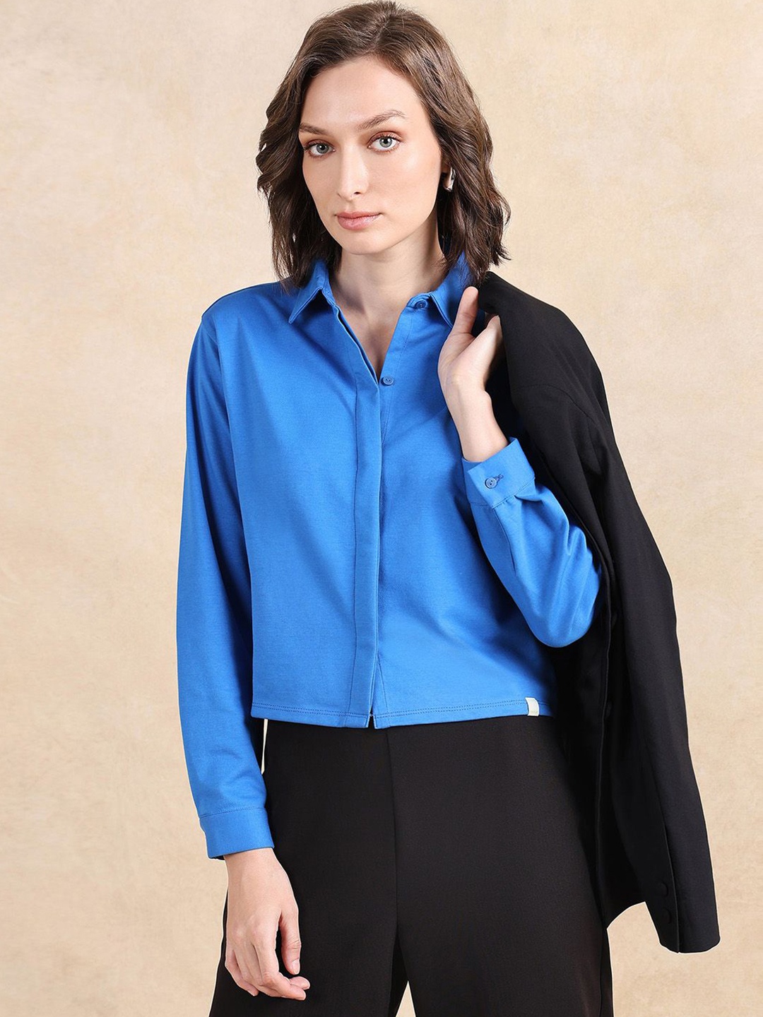 

RAREISM Women Comfort Spread Collar Solid Cotton Formal Shirt, Blue
