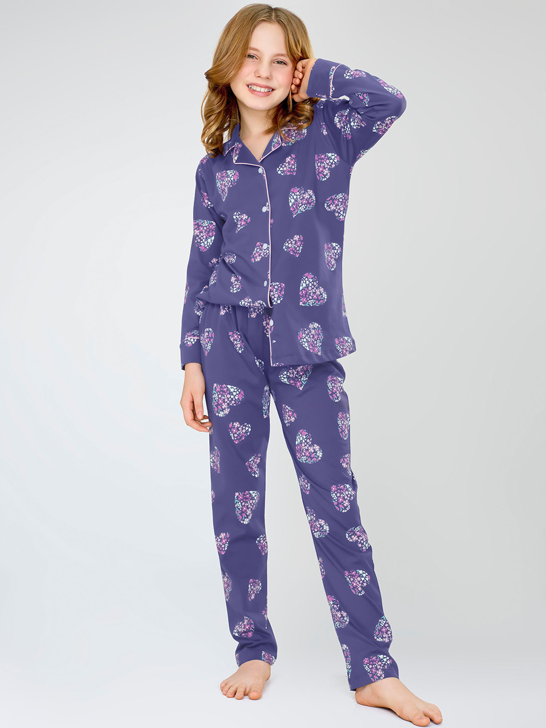 

Zeyo Girls Floral Print Pure Cotton Lapel Collar Night Suit, Purple