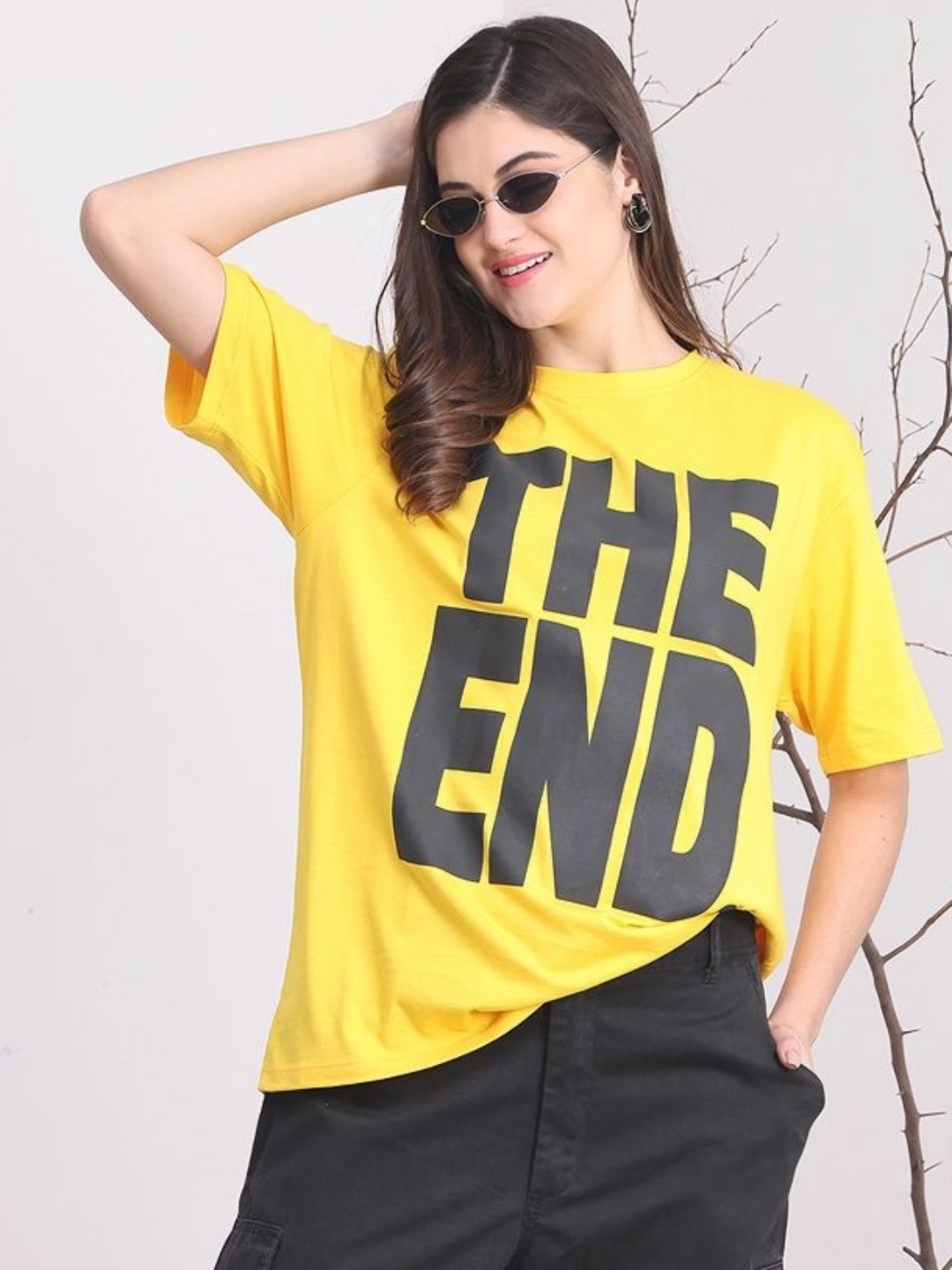 

DOOR74 Women Typography Printed Drop-Shoulder Sleeves T-shirt, Yellow