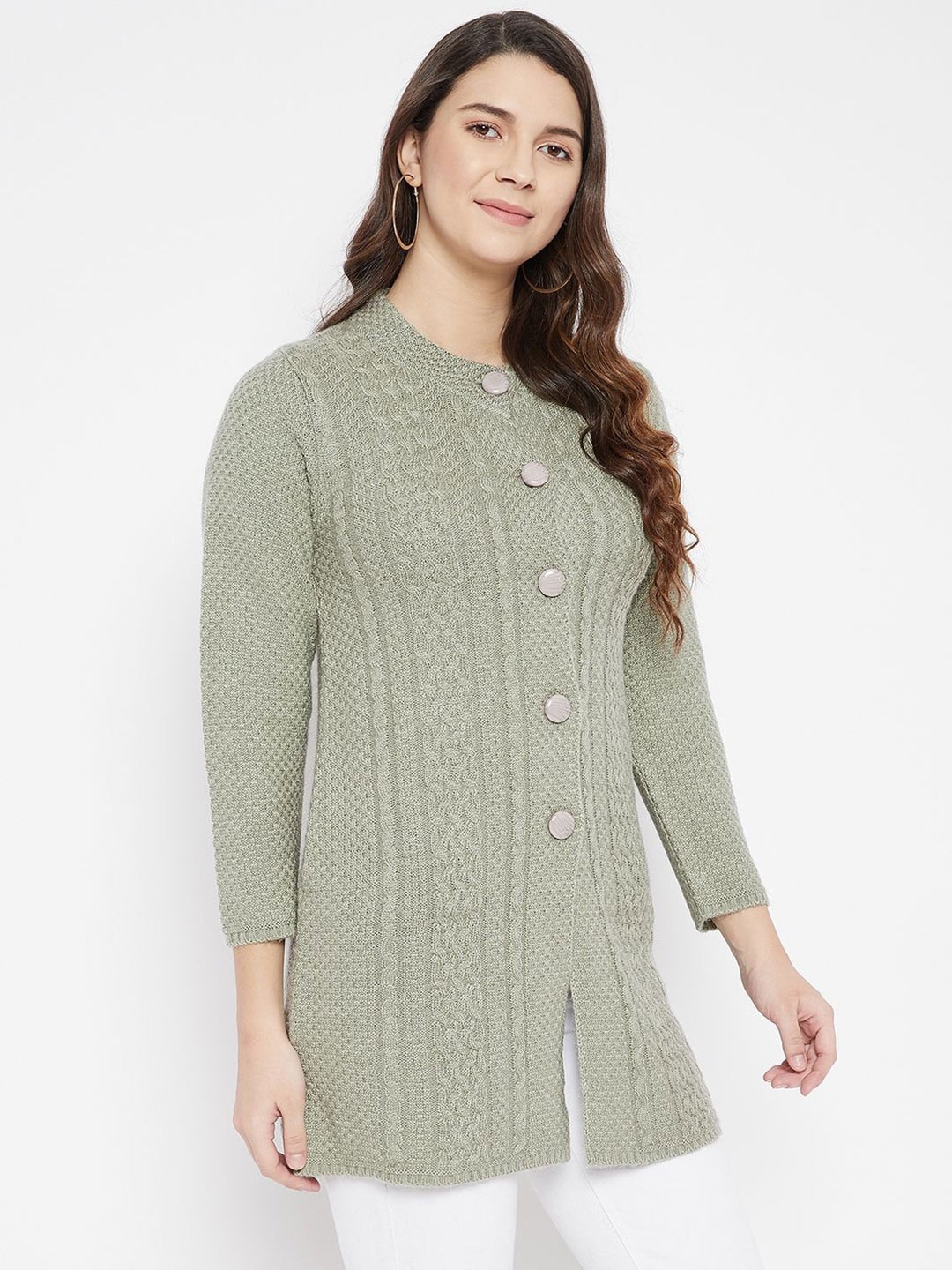 

Zigo Women Cable Knit Woollen Self Design Longline Cardigan, Green