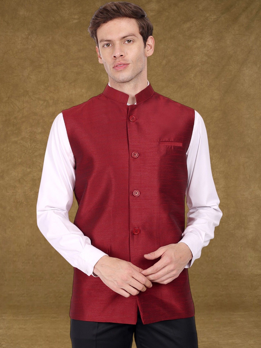 

SKAVIJ Men Mandarin Collar Nehru Jacket, Red