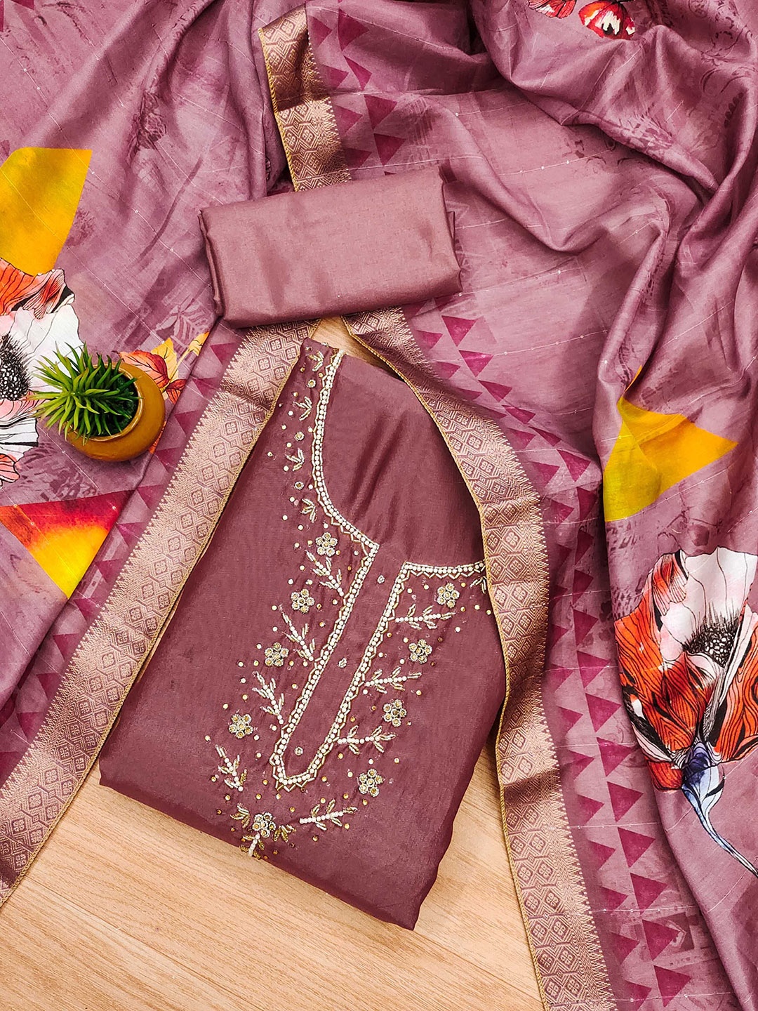 

KALINI Embellished Unstitched Dress Material, Mauve