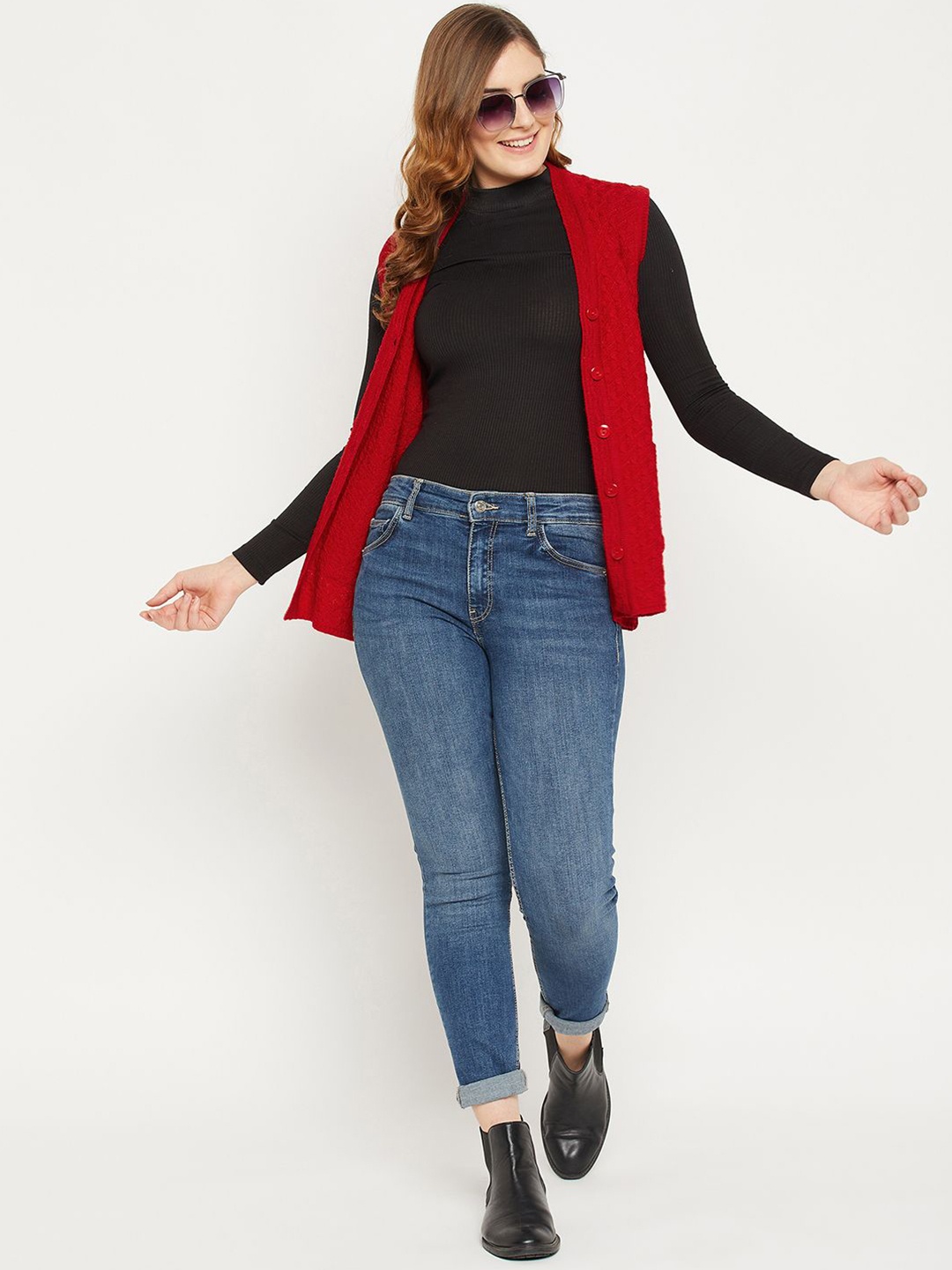 

Zigo Women V-Neck Cable Knit Self Design Sleeveless Woollen Sweater Vest, Red