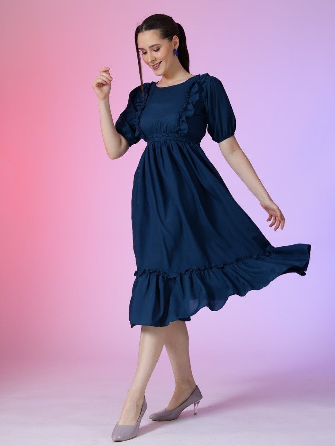 

Krunal Raiyani Crepe Ruffles Puff Sleeves Fit & Flare Midi Dress, Blue