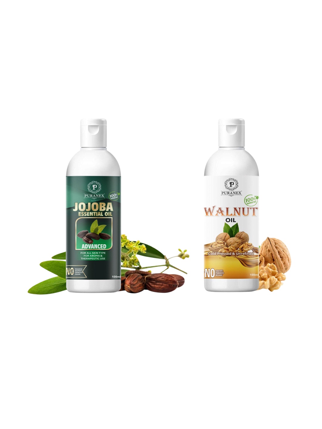 

Puranex Set Of 2 Pure Cold Pressed Jojoba & Walnut Oil - 100 ml Each, Transparent