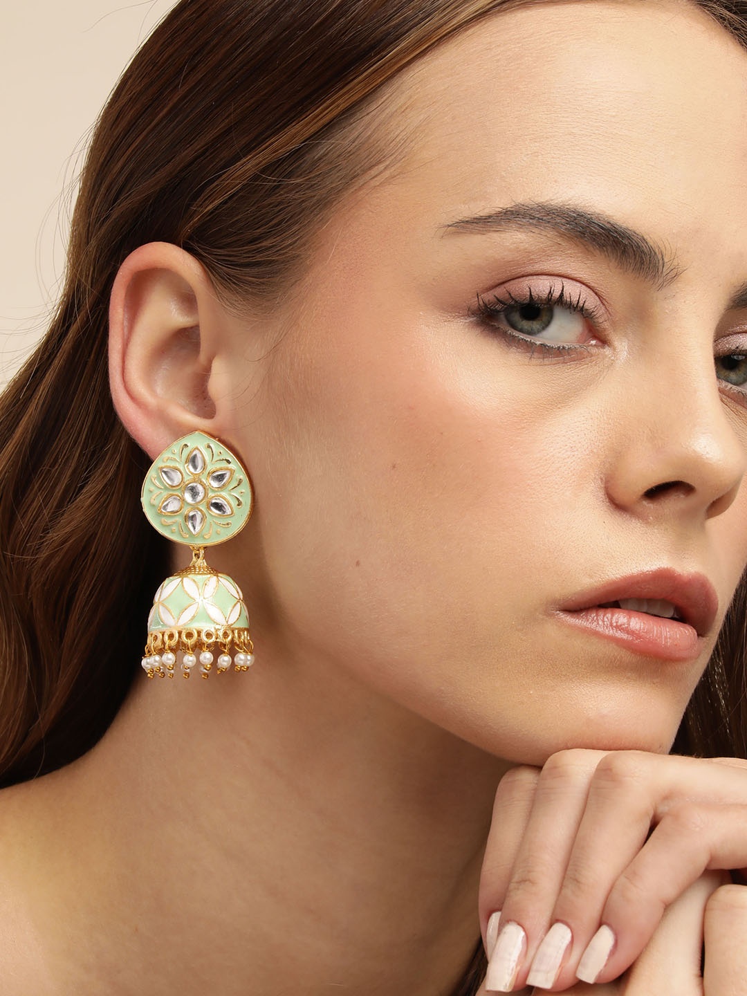 

Anouk Gold Plated Artificial Stones and Beads Enamelled Dome Shaped Jhumkas Earrings, Green