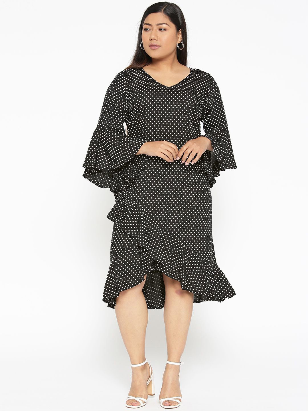 

theRebelinme Women Plus Size Polka Dot Printed Bell Sleeve Ruffled A-Line Midi Dress, Black