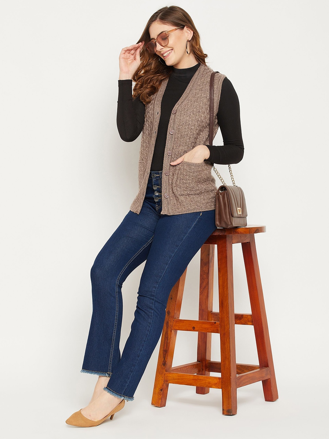 

Zigo Women V-Neck Cable Knit Sleeveless Cardigan Sweater, Coffee brown