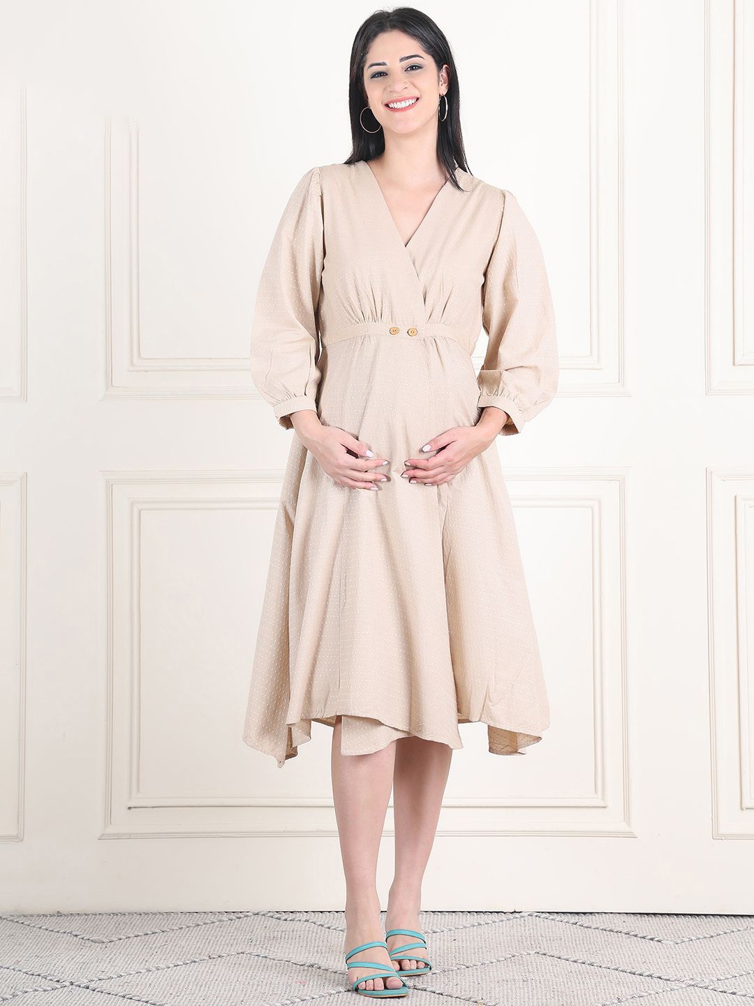 

Moms Maternity Women Cotton Polka Dot Maternity Midi Dress, Beige