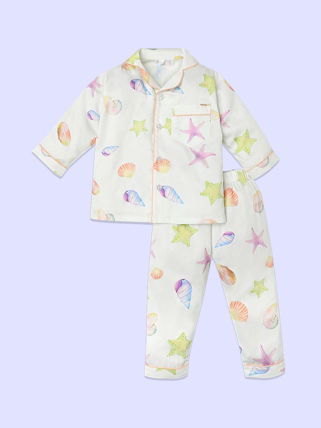 

Fancy Fluff Girls Printed Shirt & Pyjamas Night suit, Off white