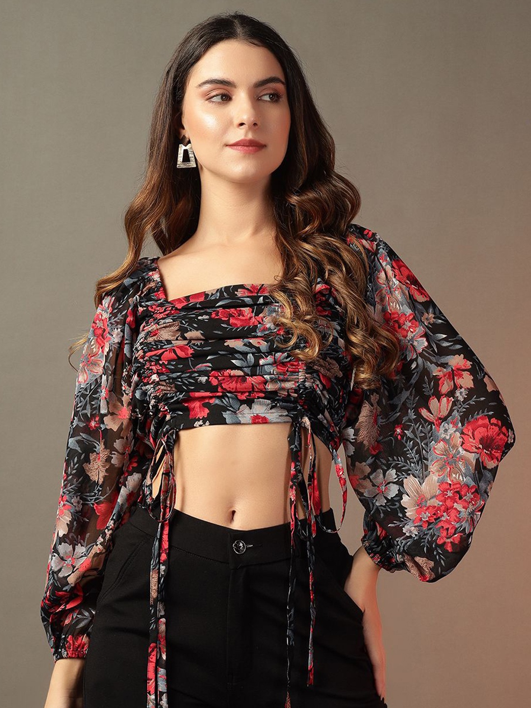 

BAESD Women Floral Printed Puff Sleeves Crop Top, Black