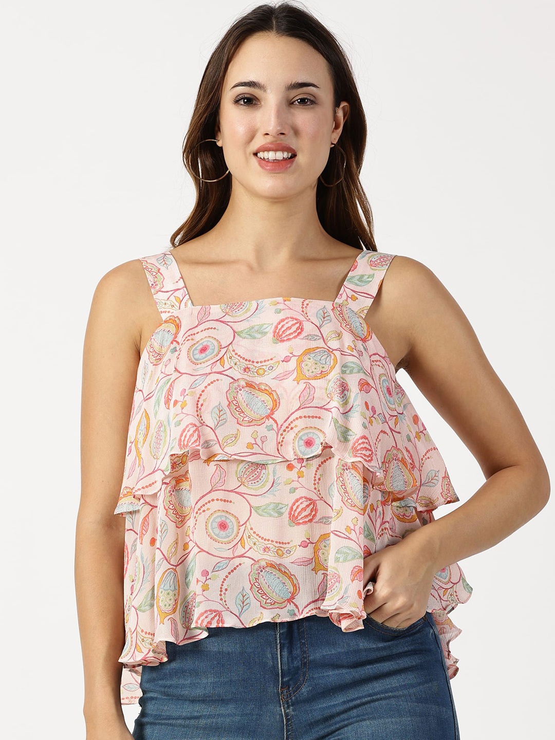 

RAVINIK Women Floral Printed Double Layered Top, Pink