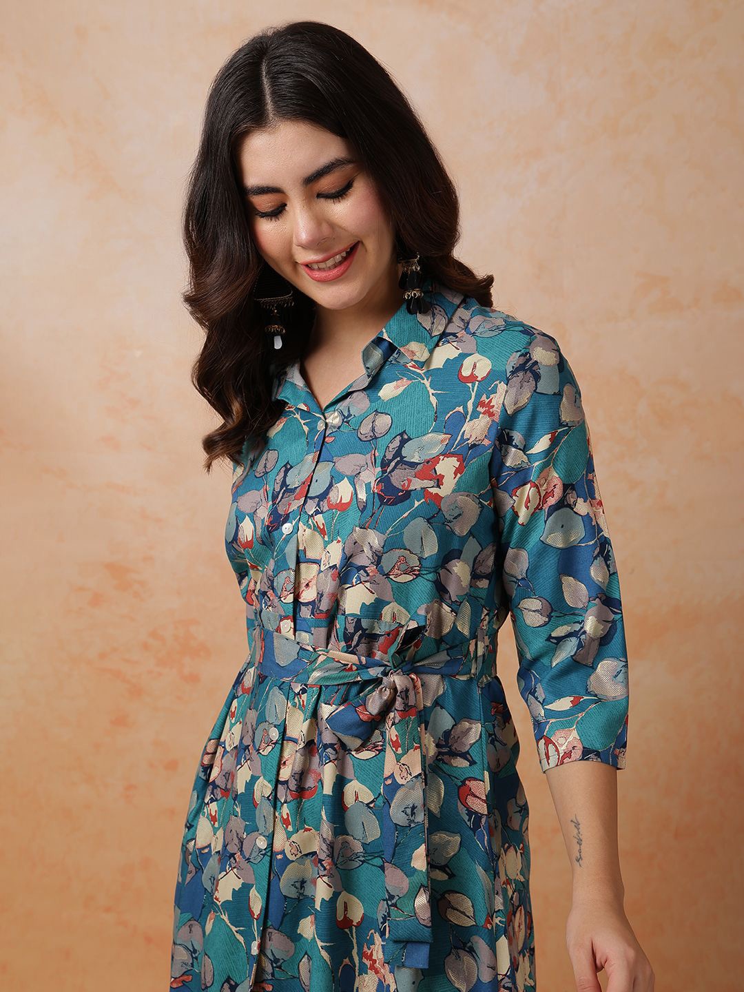 

Anouk Women Floral Printed Shirt Collar A-Line Dress, Turquoise blue