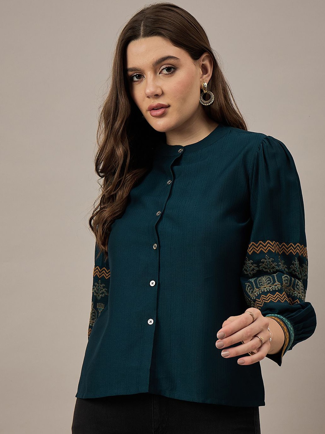 

The Roadster Lifestyle Co Women Embroidered Mandarin Collar Puff Sleeve Shirt Style Top, Teal