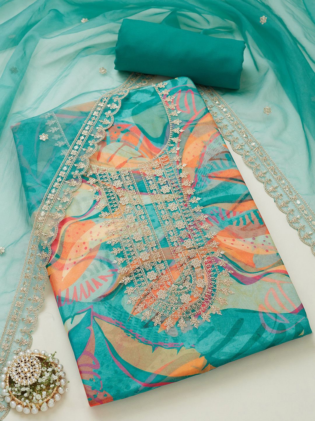 

Soch Printed Organza Unstitched Dress Material, Turquoise blue