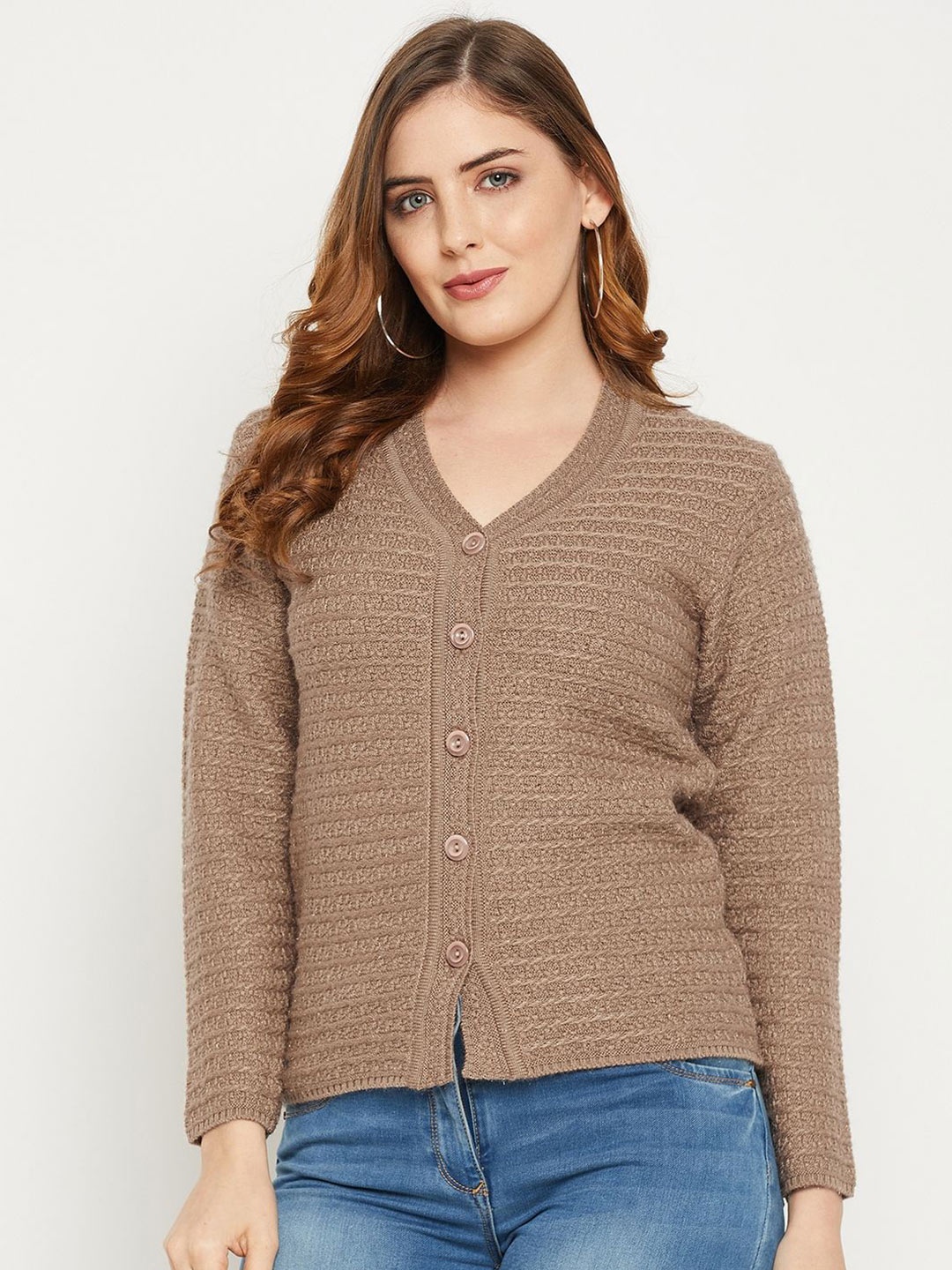 

Zigo Women Self Design Cable Knit Crop Cardigan, Coffee brown