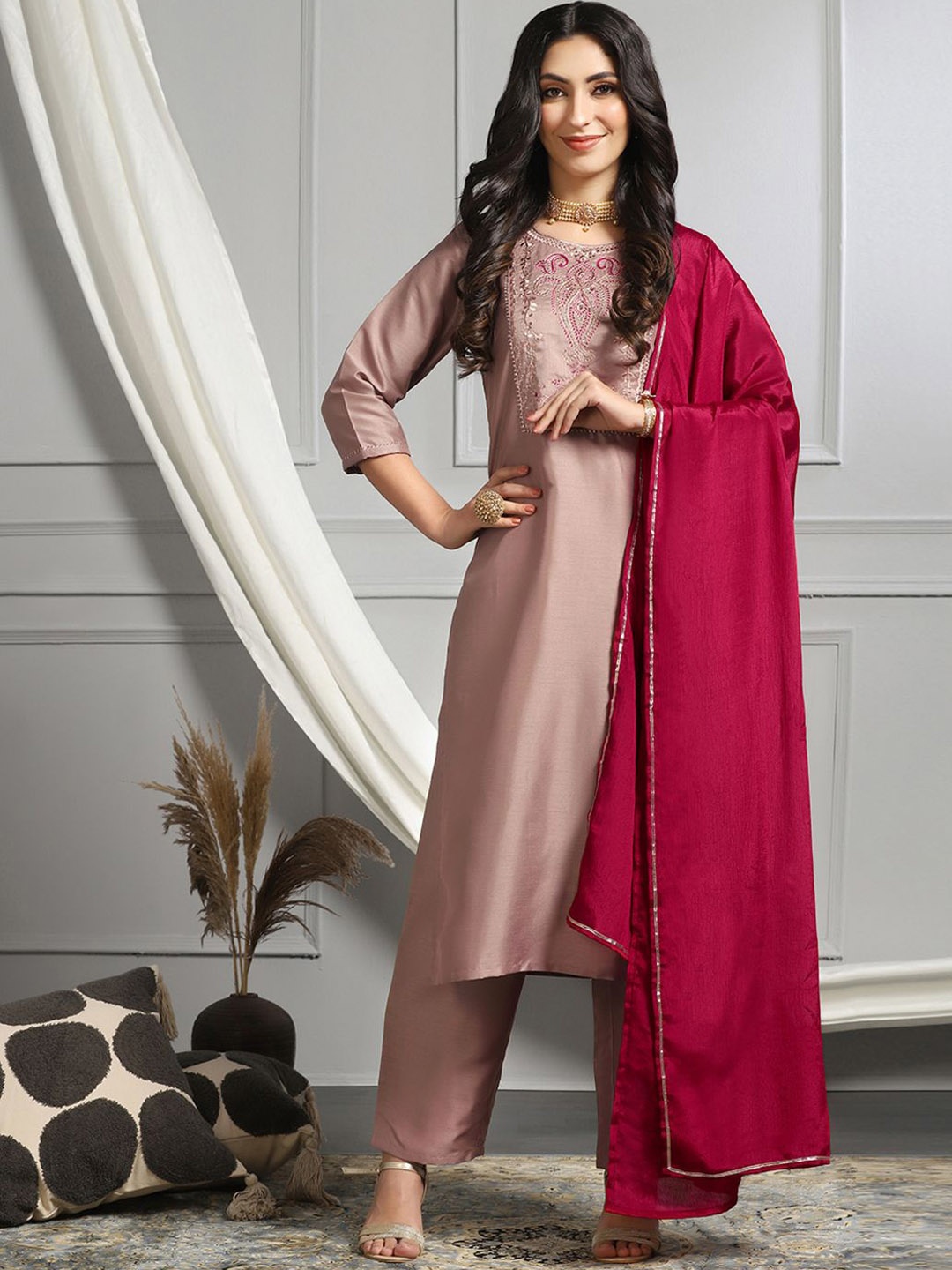 

BAESD Women Embroidered Regular Kurta with Trousers & With Dupatta, Brown