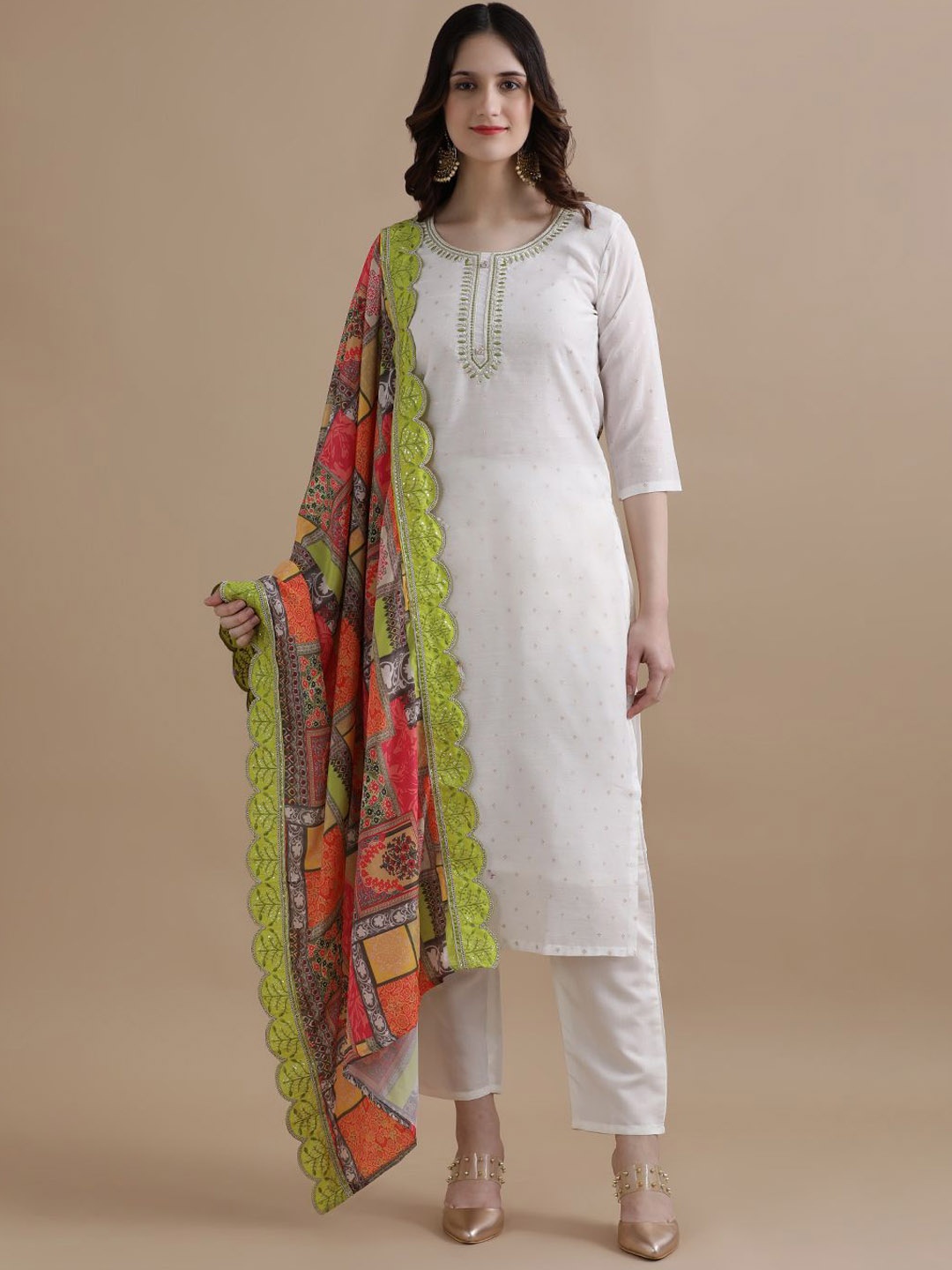 

Jaipur Kurti Women Ethnic Motifs Embroidered Regular Thread Work Kurta with Trousers & With Dupatta, Off white