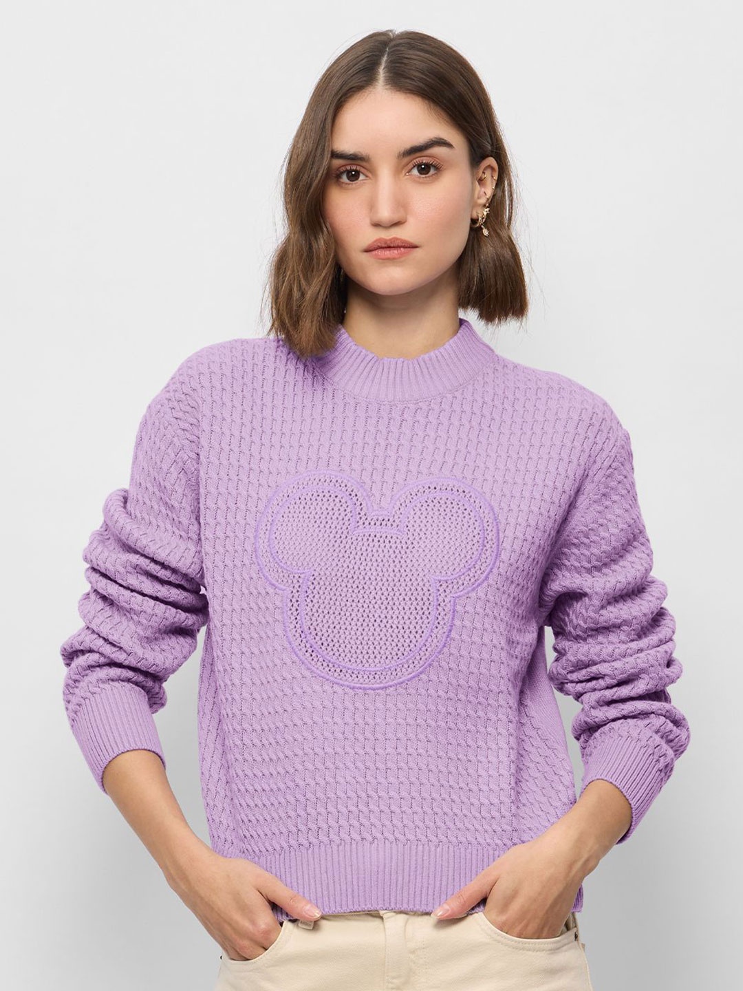 

The Souled Store Women Cable Knit Turtle Neck Pullover Sweaters, Lavender