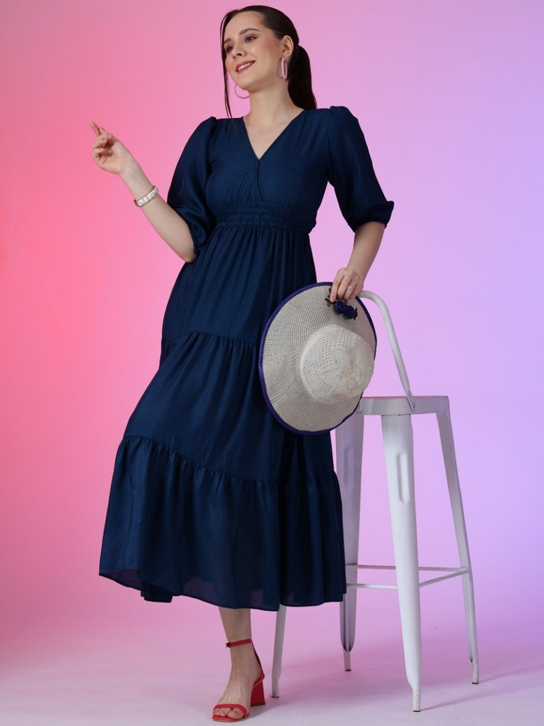 

Raiyani Enterprise Women Smocked Fit and Flare Dress, Blue