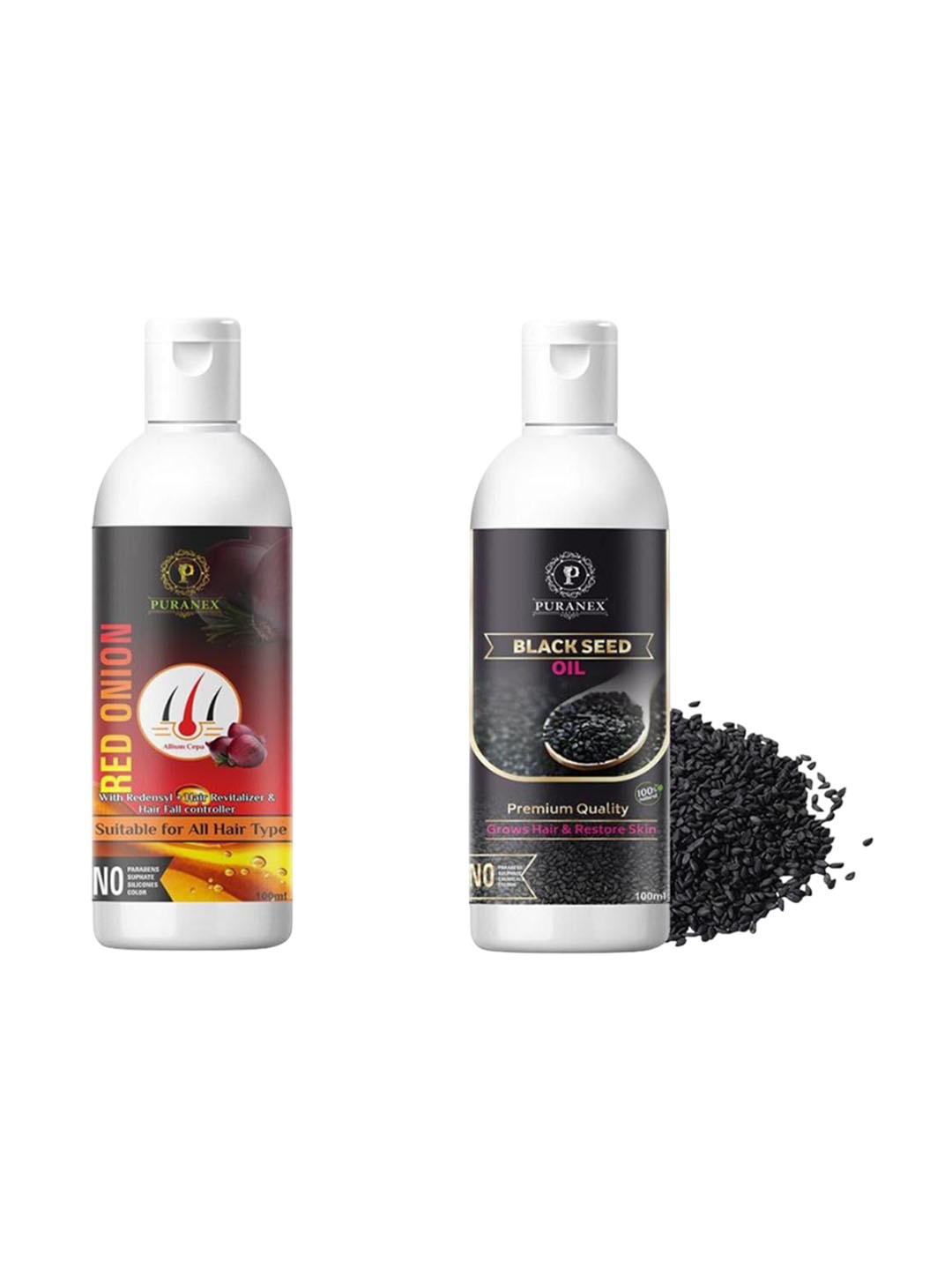 

Puranex Set Of 2 Natural & Pure Black Seed & Red Onion Oil - 100 ml Each, Transparent