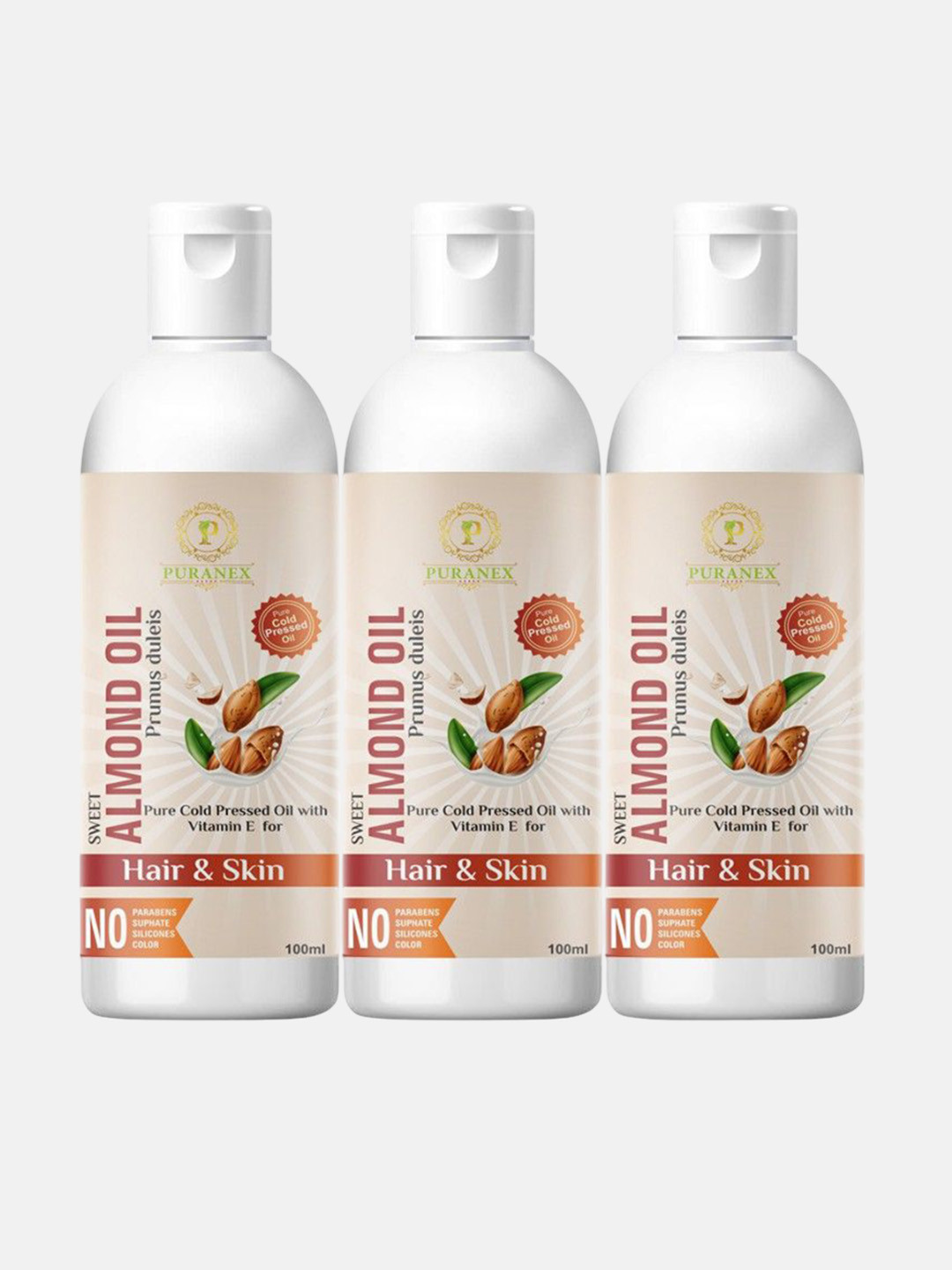 

Puranex Set Of 3 Pure & Natural Almond Oil For Hair & Skin - 100 ml Each, Transparent